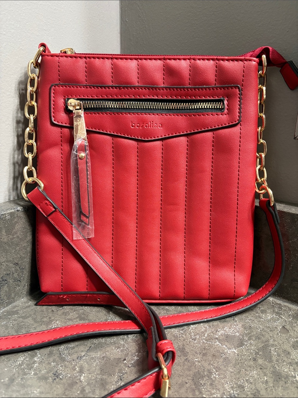 Red Crossbody Bag with Gold Chain
